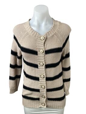 Payton Beige Black Striped Long Sleeve Button Dow Knit Cardigan Sweater Top Sz S